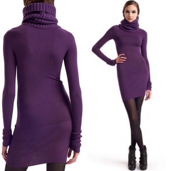 purple turtleneck sweater dress
